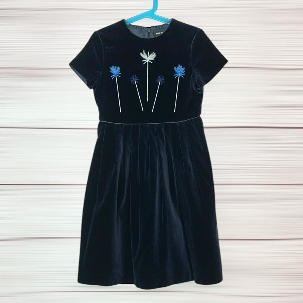 DAVID CHARLES Dark Blue Cotton Velvet Dress Floral Embroidery England sz 7